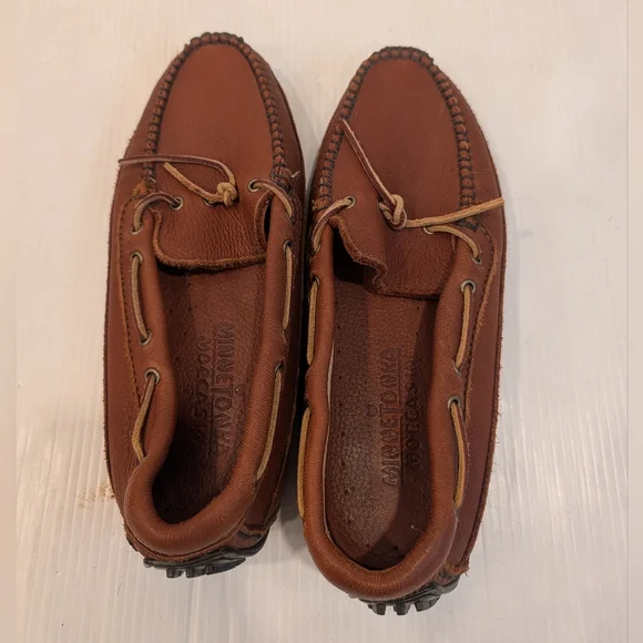 MINNETONKA Men's Brown Leather Moccasins Driving Loafers Shoes Size 8.5 - Picture 7 of 10